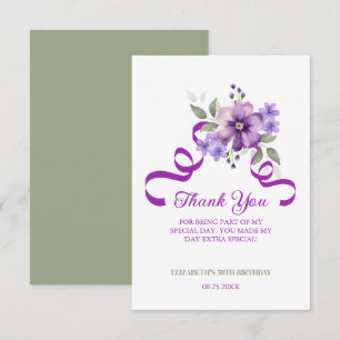 Carte De Remerciements Ruban de verdure de fleur violette pour anniversai