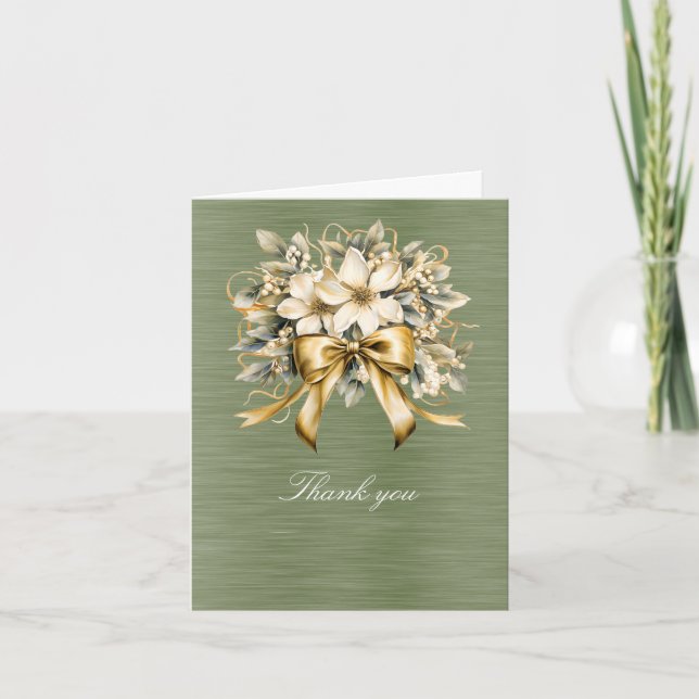 Carte De Remerciements Ruban d'or blanc à feuille verte d'hiver (Devant)