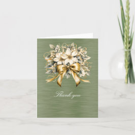 Carte De Remerciements Ruban d'or blanc à feuille verte d'hiver