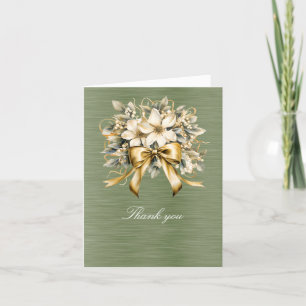 Carte De Remerciements Ruban d'or blanc à feuille verte d'hiver