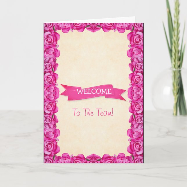 Carte De Remerciements Ruban rose avec bordure Rose florale Bienvenue (Devant)