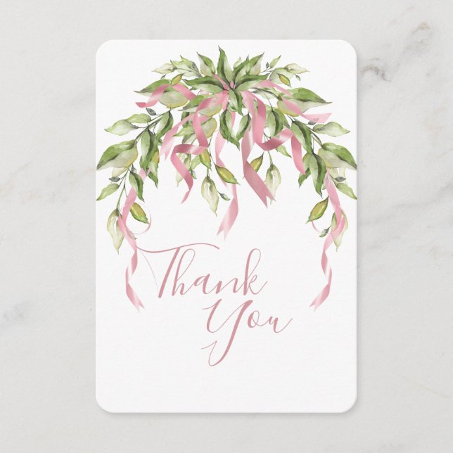 Carte De Remerciements Rubans roses Vert Élégant  (Devant)