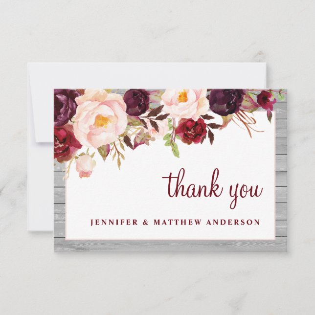 Carte De Remerciements Russe Bourgogne Blush Barnwood rose Mariage fronti (Devant)