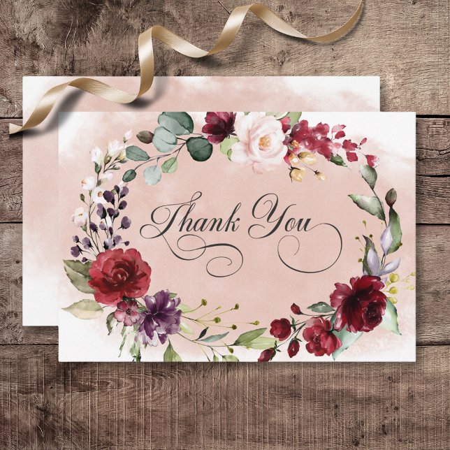 Carte De Remerciements Russe Bourgogne et rose pâle Mariage Roses (Rustic Burgundy & Blush Pink Roses Wedding Thank You Card)