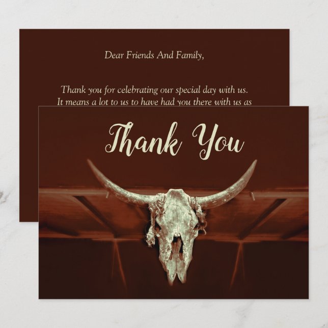 Carte De Remerciements Russe Mariage Brown Western Bull Skull Pays (Devant / Derrière)