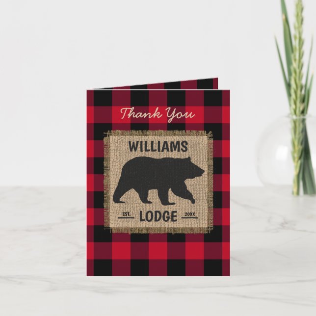Carte De Remerciements Russe Ours Rouge Buffle Noir Nom de famille Lodge (Devant)