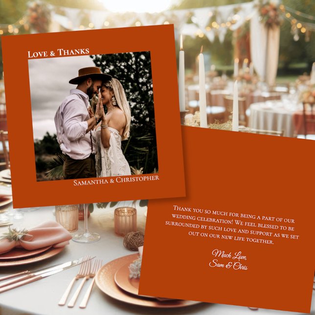 Carte De Remerciements Rust Orange Love Thanks Photo & Note Mariage (Front/Back)