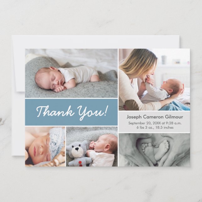 Carte De Remerciements Rustic Blue Custom Photo Collage bébé garçon naiss (Devant)