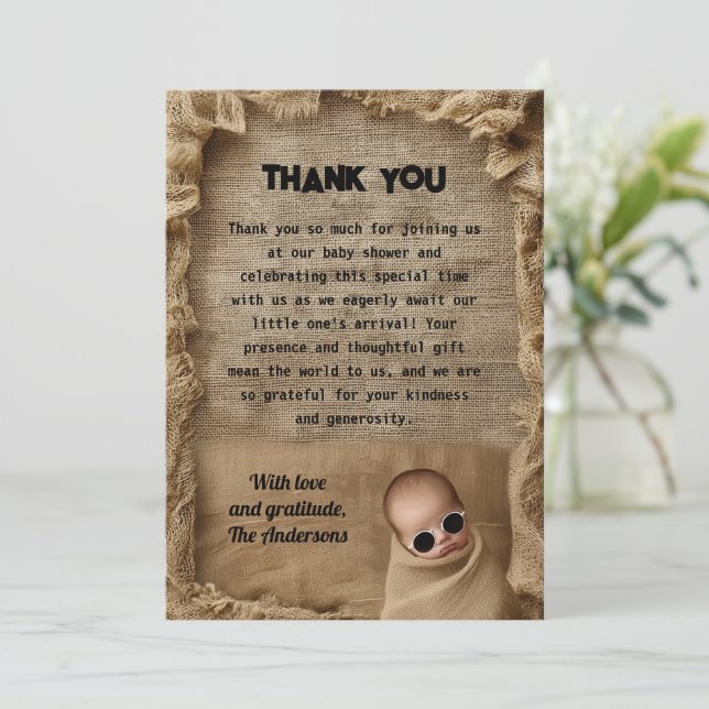 Carte De Remerciements Rustic Burlap Baby Shower Thank You Card (Debout devant)