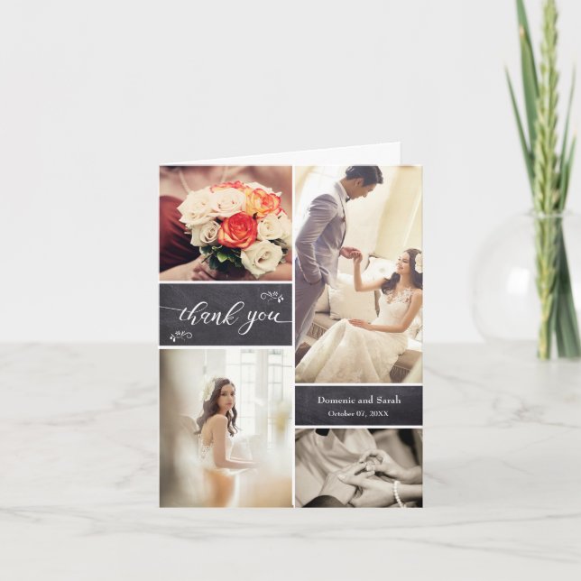 Carte De Remerciements Rustic Chalkboard Photo Collage Mariage (Devant)