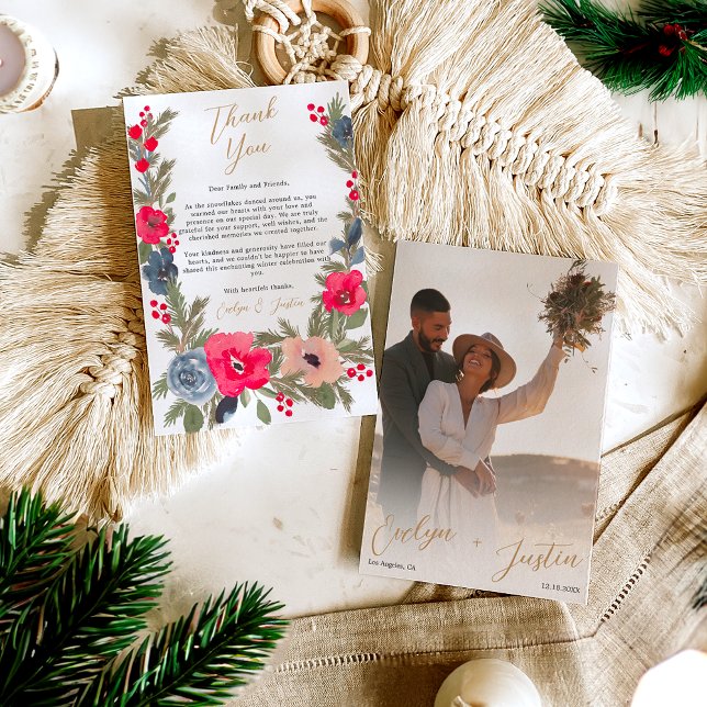 Carte De Remerciements Rustic Elegant Winter Floral photo chic Mariage (Rustic Elegant Winter Floral photo chic Wedding Thank You Card)