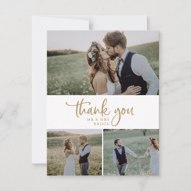 Carte De Remerciements Rustic Gold Script 3 Photo Collage Mariage (Devant)