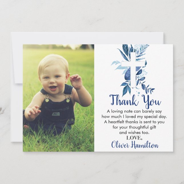 Carte De Remerciements Rustic Navy Blue Greenery Cross Boy Baptism Photo (Devant)