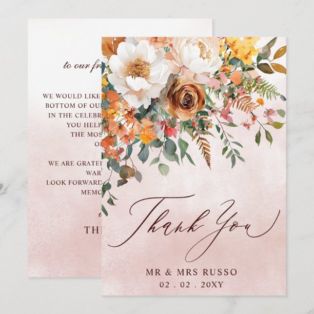 Carte De Remerciements Rustic Orange Floral Fall Wedding  (Devant / Derrière)
