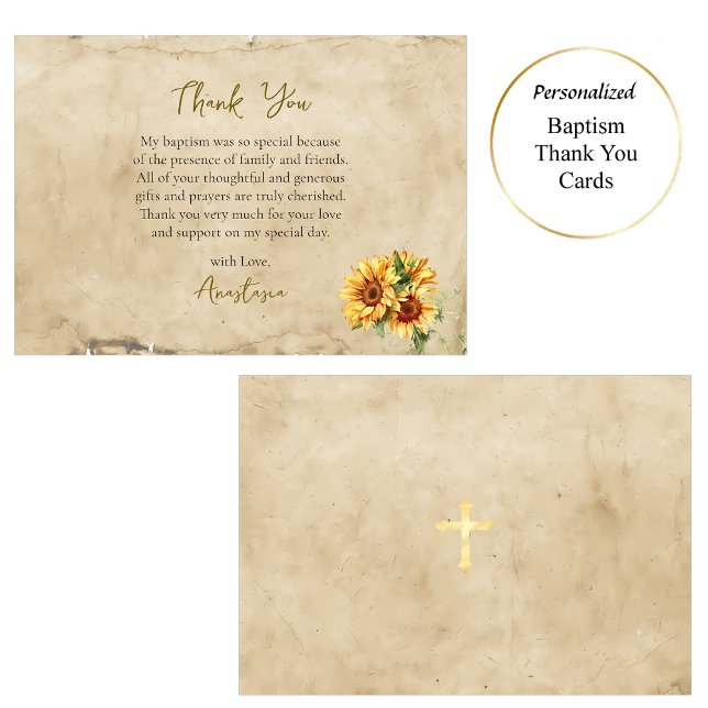 Carte De Remerciements Rustic Parchment Sunflowers Orthodox Baptism       (Créateur téléchargé)