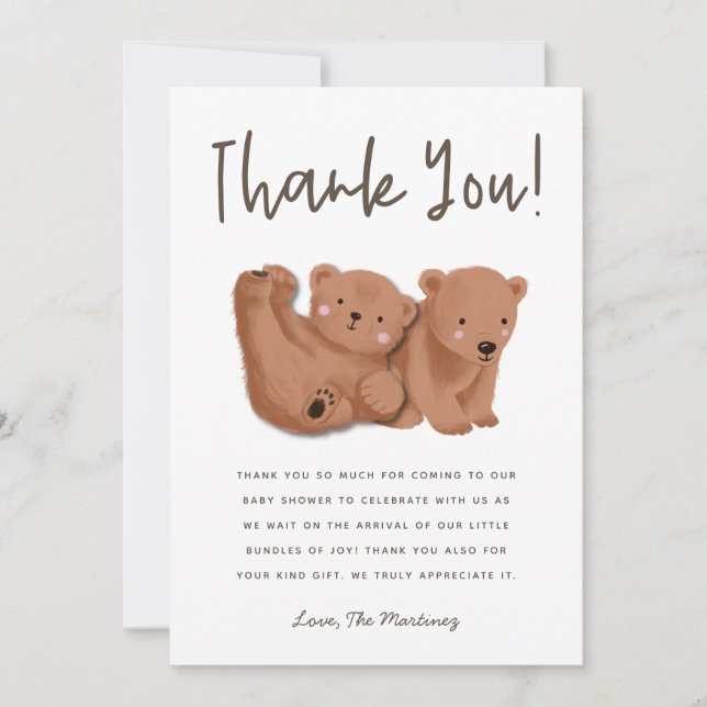 Carte de remerciements Rustic Twins Club Bear Baby (Devant)