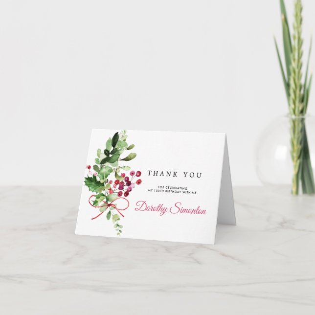 Carte De Remerciements Rustic Winter Botanical 100th Birthday Photo (Devant)