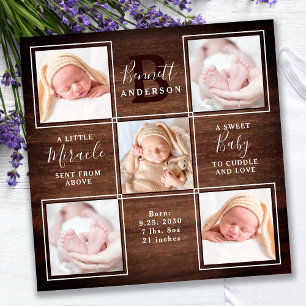 Carte De Remerciements Rustic Wood 5 Photo Collage Nouveau bébé Statistiq