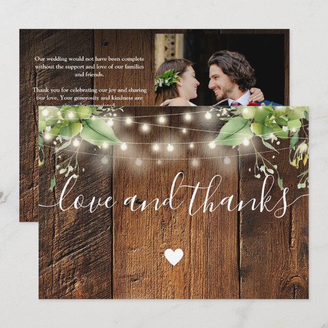 Carte De Remerciements Rustic Wood Greenery String Lights Wedding Photo (Devant / Derrière)