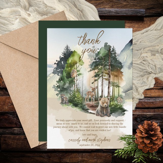 Carte De Remerciements Rustic Woodland Adventure Attend Boy Baby shower (Say "Thank You" in rustic  style with this woodland bear and forest animals boy baby shower design.)