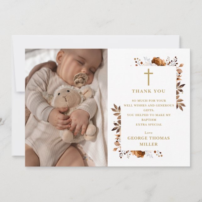 Carte De Remerciements Rustique Automne Floral Photo Baptême Christening (Devant)