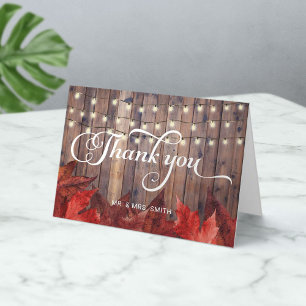 Carte De Remerciements Rustique Automne Rouge Feuilles & Chaîne Lumières 