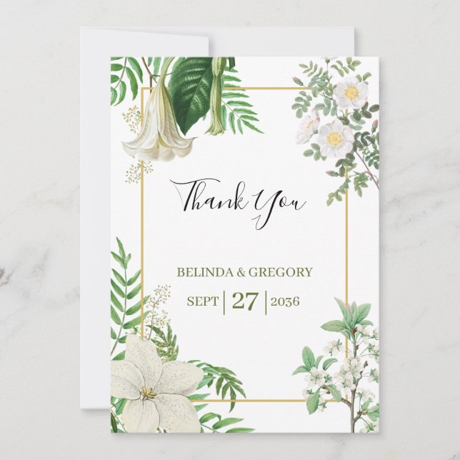 Carte De Remerciements Rustique blanc vert aquarelle Mariage or Floral (Devant)