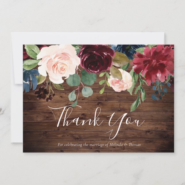 Carte De Remerciements Rustique Bourgogne Rouge Vin & Blush Floral Mariag (Devant)