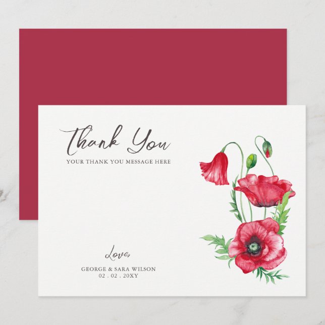 Carte De Remerciements Rustique Elegant Aquarelle Script Red Poppy Mariag (Devant / Derrière)