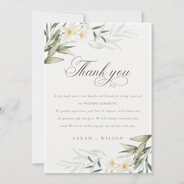 Carte De Remerciements Rustique Elégant Blanc Vert Vert Mariage Floral (Devant)