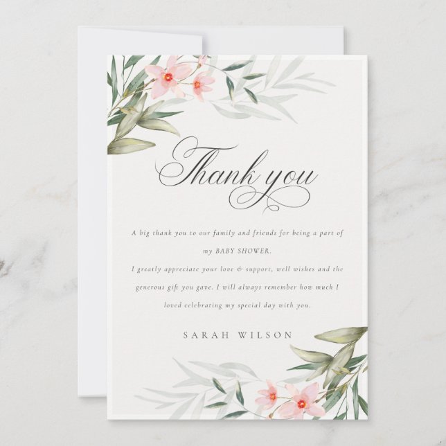 Carte De Remerciements Rustique Elégant Flush Greenery Baby shower Floral (Devant)