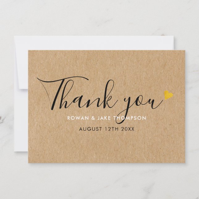 Carte De Remerciements Rustique Kraft Gold Hearts Élégant Script (Devant)