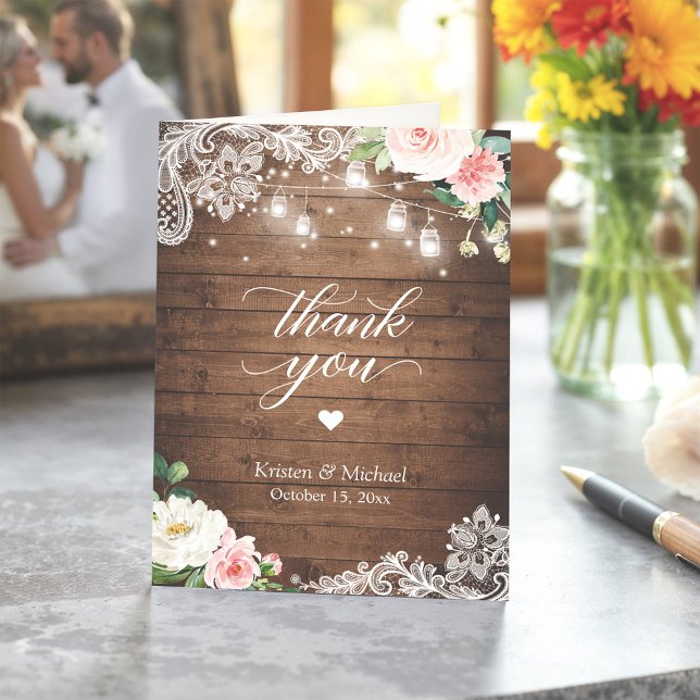 Carte De Remerciements Rustique Mason Jar illumine le Mariage de dentelle (Créateur téléchargé)