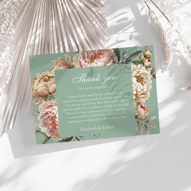 Carte De Remerciements Rustique Pastel Sage Green Blush Pony Mariage rose (Rustic Pastel Sage Green Blush Pink Peony Wedding Thank You Card on a sunny white boho table.)