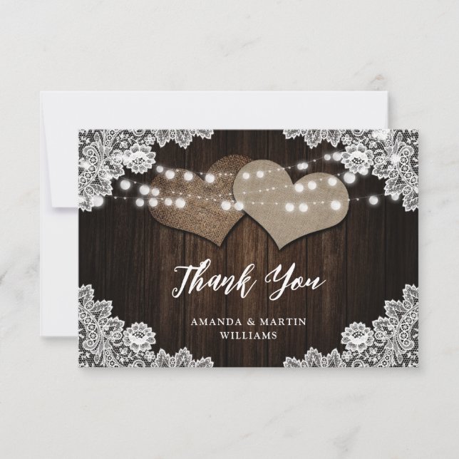 Carte De Remerciements Rustique Pays Dentelle de bois Burlap Mariage coeu (Devant)