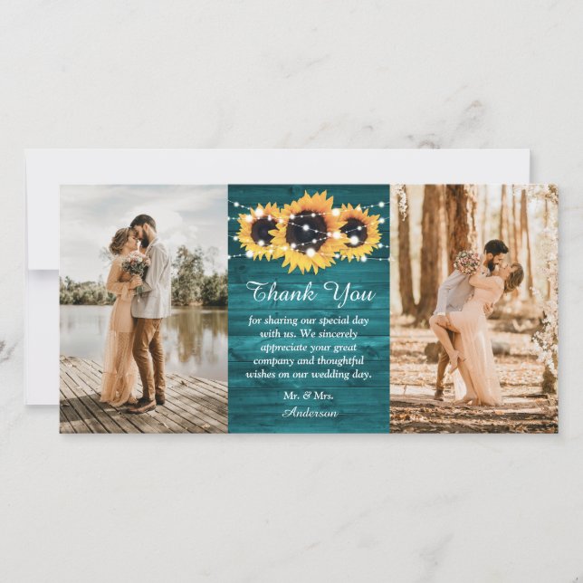 Carte De Remerciements Rustique Turquoise Burlap Coeur Tournesol Photo (Devant)