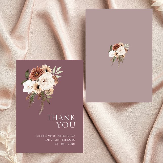 Carte De Remerciements Rustique violet et Pêcher Mariage floral (Rustic Purple and Peach Floral Wedding Thank You Card)
