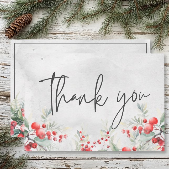 Carte De Remerciements Rustique Winter Holly & Pine Mariage (Rustic Winter Holly & Pine Wedding Thank You Card)
