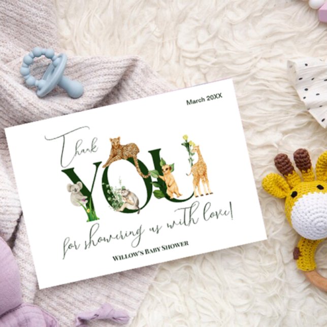 Carte De Remerciements Safari Animal Jungle Vert Baby shower garçon (Thank you for showering us with love card)