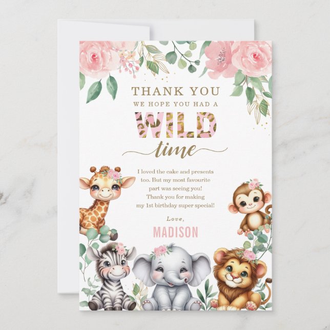 Carte De Remerciements Safari Animal Wild One Blush Floral 1er Anniversai (Devant)
