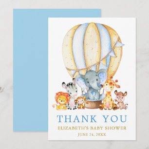 Carte De Remerciements Safari Animals Blue Hot Air Balloon Baby shower