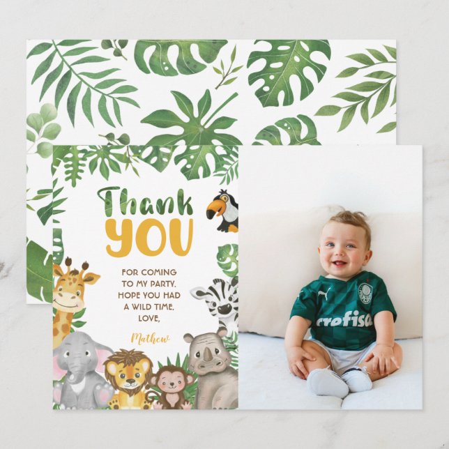 Carte De Remerciements Safari Anniversaire Animaux Jungle Sauvage un et d (Devant / Derrière)