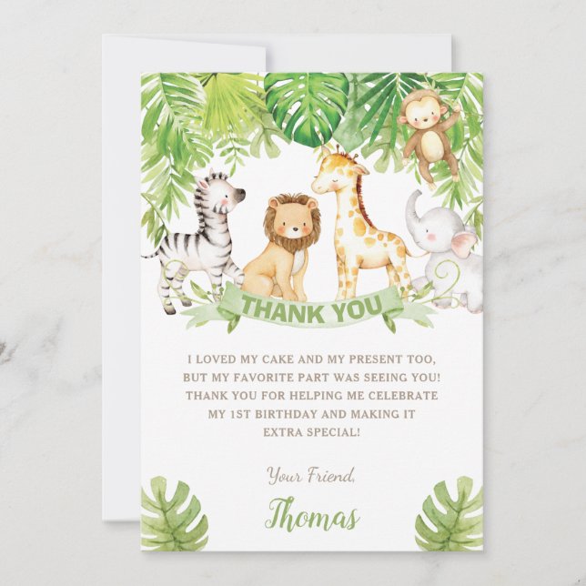 Carte De Remerciements Safari Jungle Animaux Forêt Verte Anniversaire Béb (Devant)