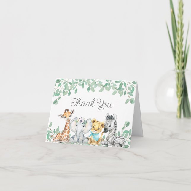 Carte De Remerciements Safari Neutre Genre Animaux Baby shower de verdure (Devant)