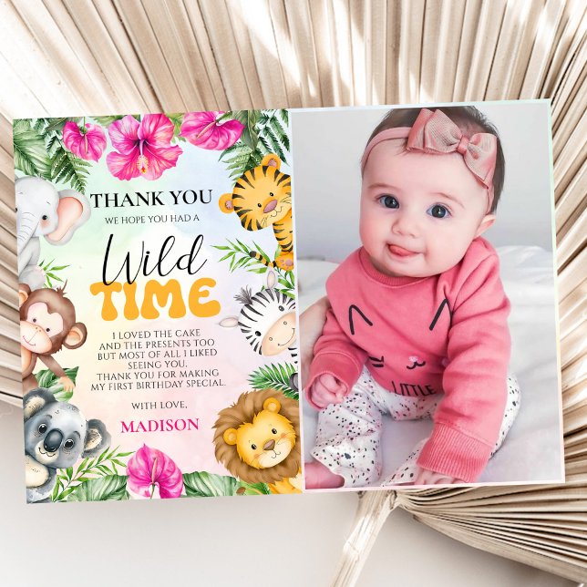 Carte De Remerciements Safari Wild One 1st Girl Birthday Photo (Créateur téléchargé)