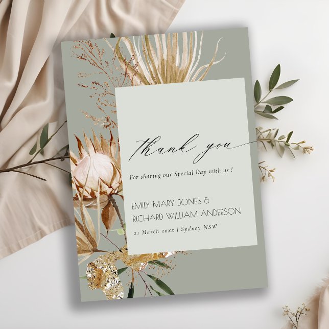 Carte De Remerciements Saga Green Boho Protea Séché Palm Floral Mariage (Créateur téléchargé)