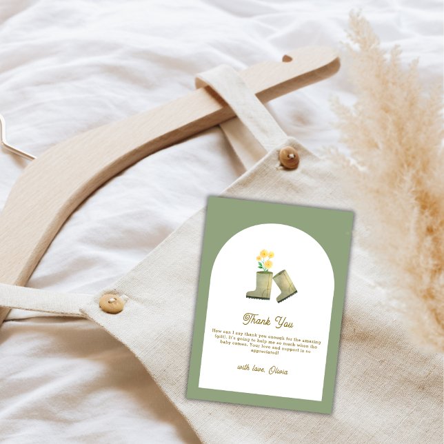 Carte De Remerciements Sage Green Baby shower de bottes florales cultivée (Sage Green Locally Grown Floral Boots Baby Shower Thank You Card)