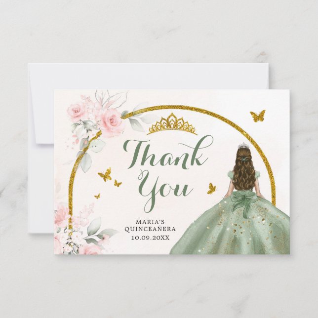 Carte De Remerciements Sage Green Blush Rose Princesse Quinceanera (Devant)