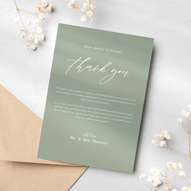 Carte De Remerciements Sage Green Calligraphie Mariage classique élégant (Sage Green Calligraphy Classic Elegant Wedding Thank You Card)