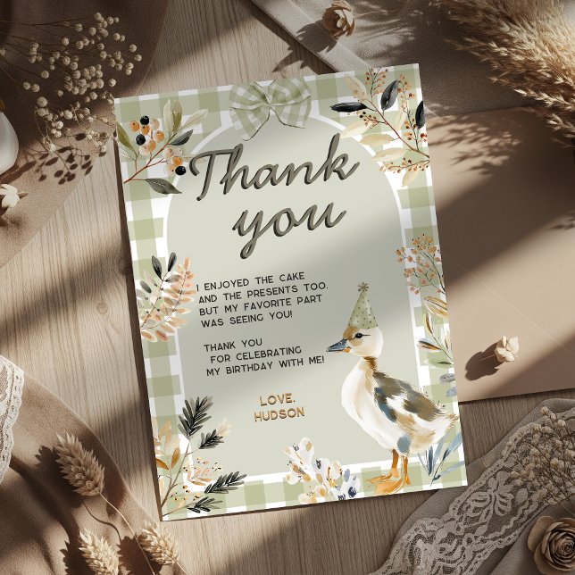 Carte De Remerciements Sage Green En vichy mignonne Duckku Watercolor Par (Créateur téléchargé)